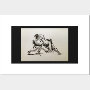 Sumo #6 - Sumo wrestlers ink wash painting on paper; Posters and Art